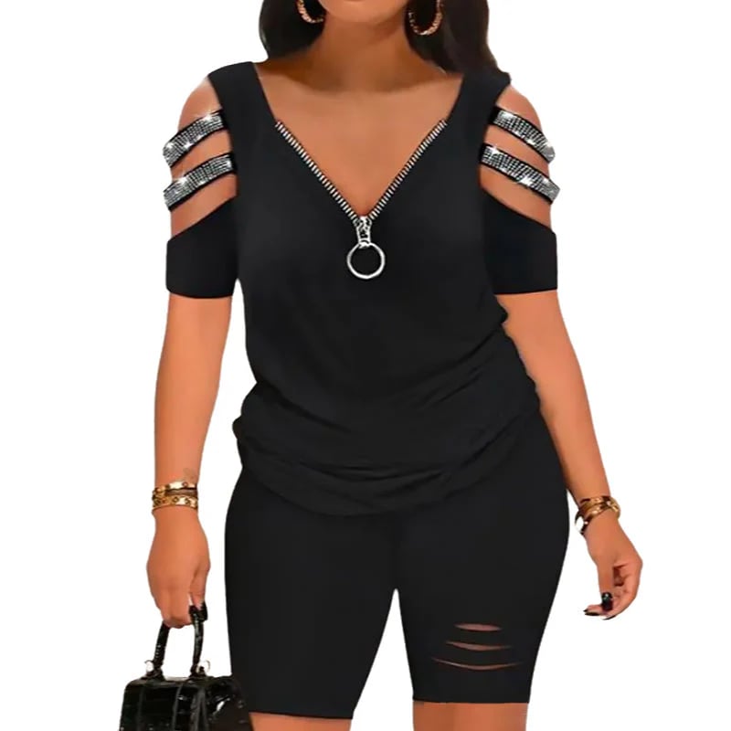 ⏰V-Neck Zipper Top & Shorts Set