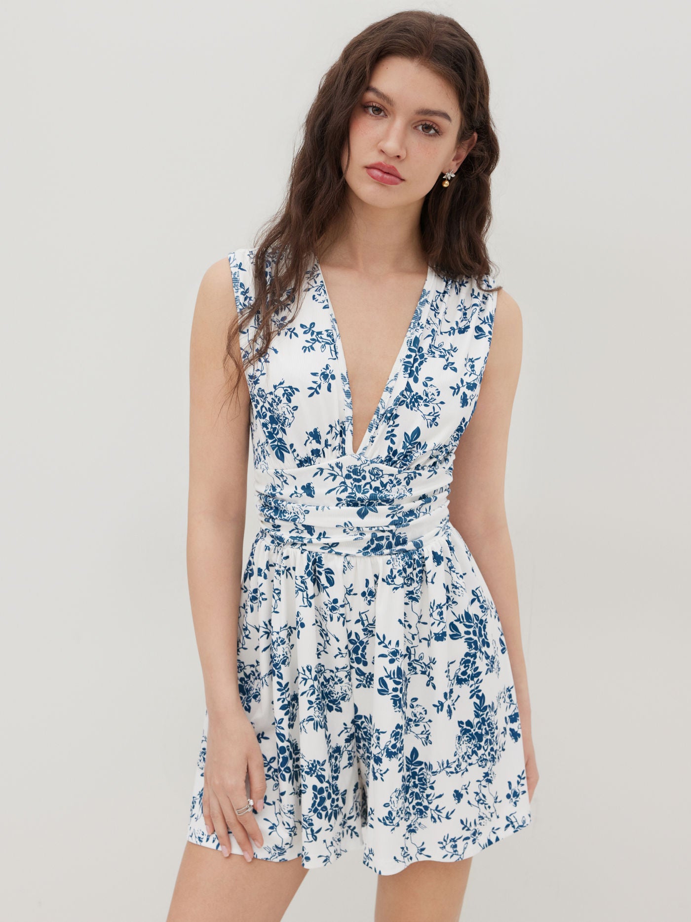 V-neck Floral Ruched Romper