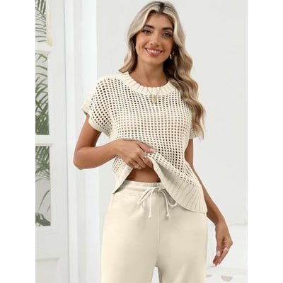 Women Summer Short Sleeve Crochet