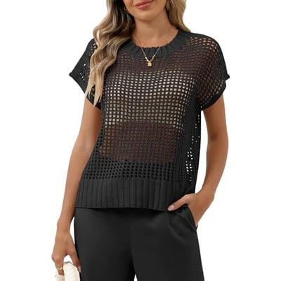 Women Summer Short Sleeve Crochet