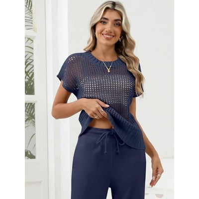 Women Summer Short Sleeve Crochet