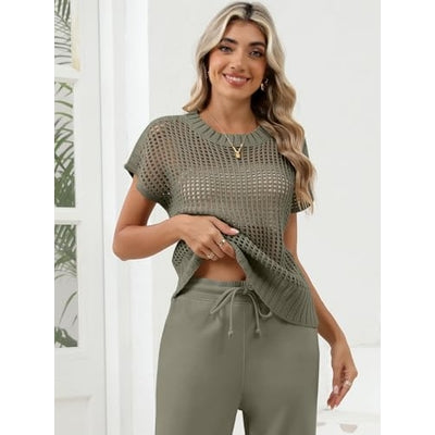 Women Summer Short Sleeve Crochet