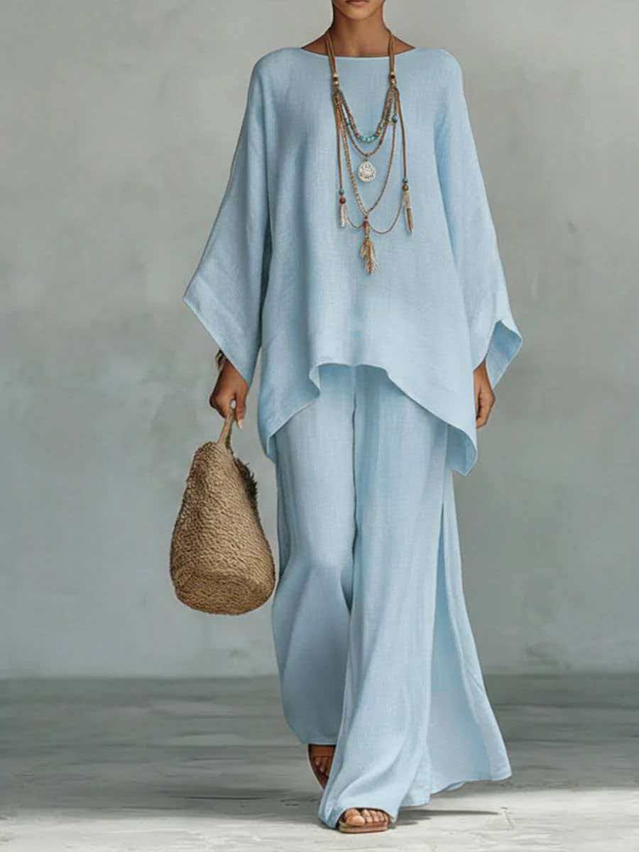 Women's Loose Fit Long Sleeve Top & Wide Leg Pants Set