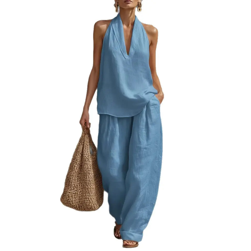 Linen Two Piece Set Neck Top & Wide Leg Pants