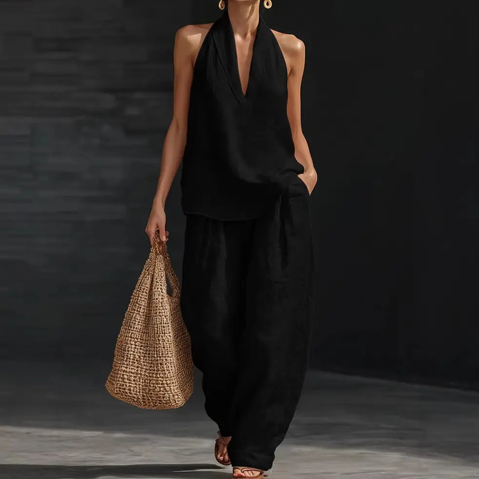 Linen Two Piece Set Neck Top & Wide Leg Pants
