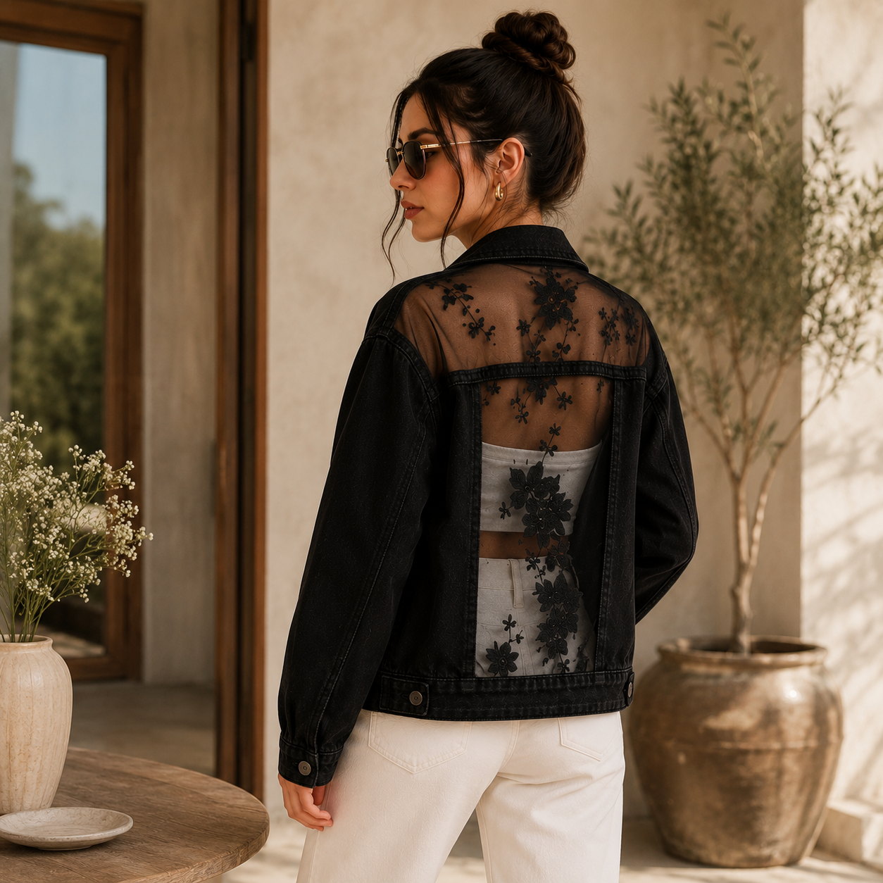 Floral sheer denim jacket