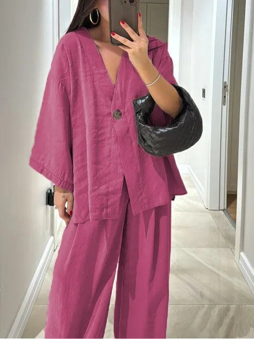Women's V-neck button cotton and linen casual suit