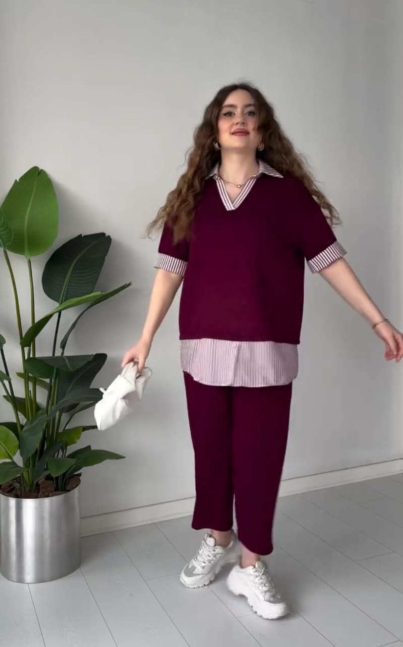 Striped-Collar Layered Modal Lounge Set