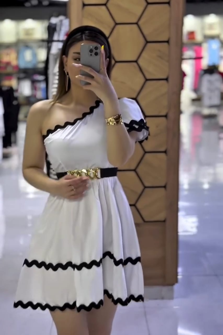 One-Shoulder Scallop-Trim Mini Dress with Gold Chain Belt