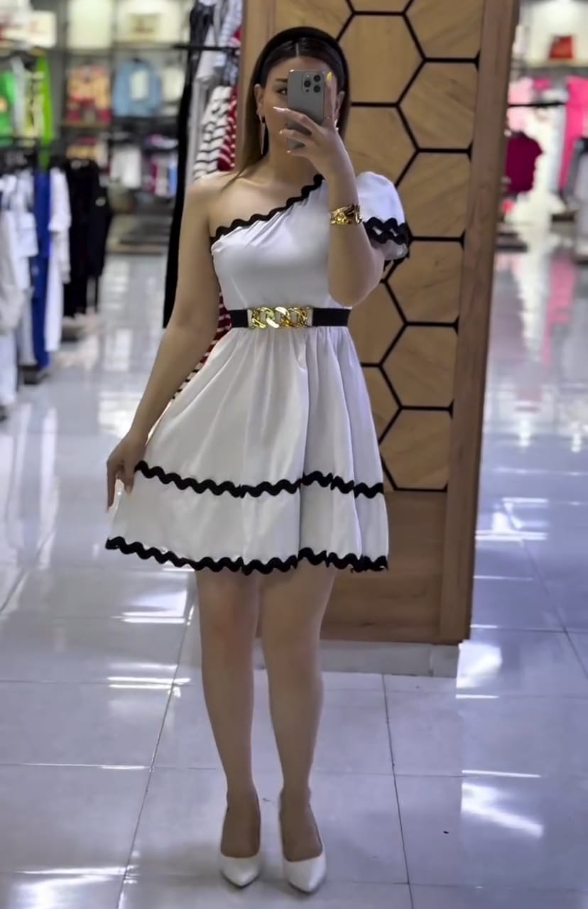 One-Shoulder Scallop-Trim Mini Dress with Gold Chain Belt