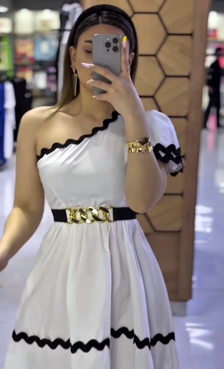 One-Shoulder Scallop-Trim Mini Dress with Gold Chain Belt