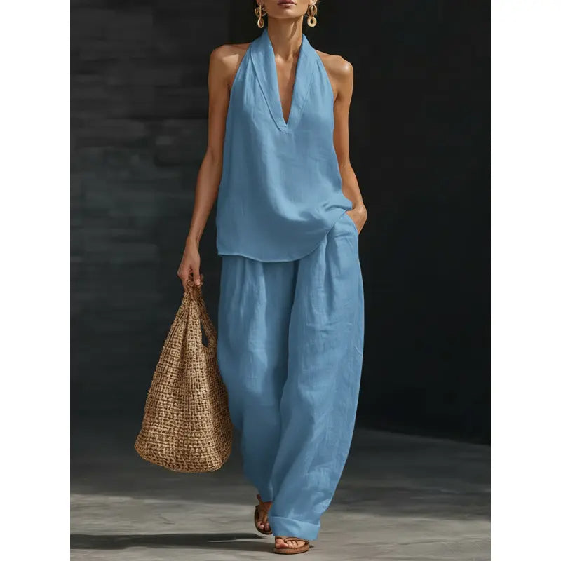 Linen Two Piece Set Neck Top & Wide Leg Pants