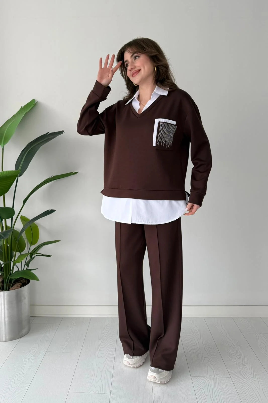 Two-Piece Set with Glittery Pocket Detail Shirt