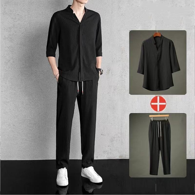 Men's 2 Pieces Linen Set Summer Outfits So-comfy Black M