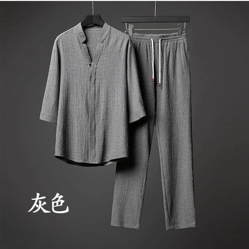 Men's 2 Pieces Linen Set Summer Outfits So-comfy Grey M