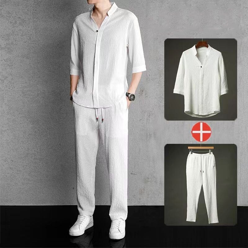 Men's 2 Pieces Linen Set Summer Outfits So-comfy White M