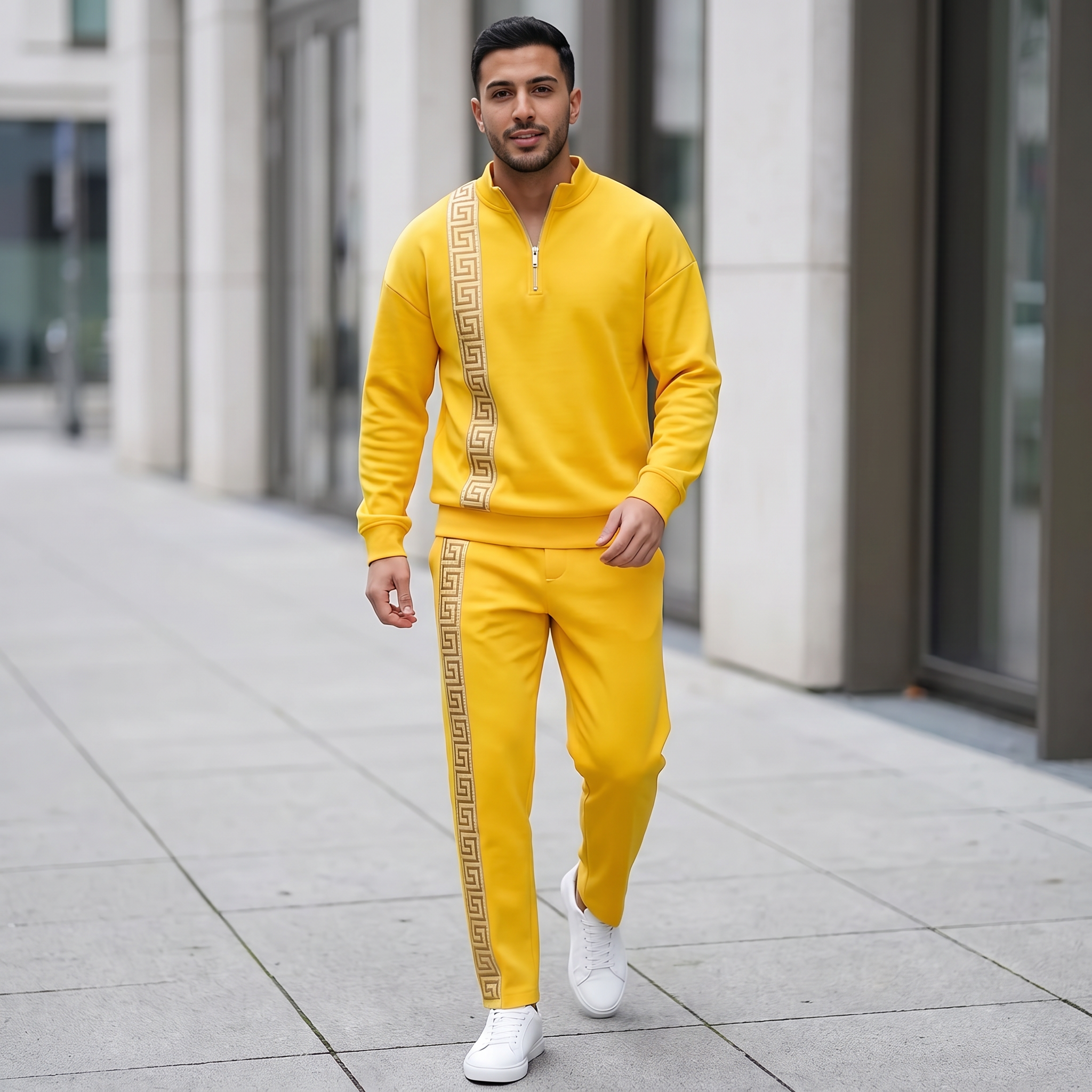 Men's fashion casual zipper stand up collar long sleeved pants set