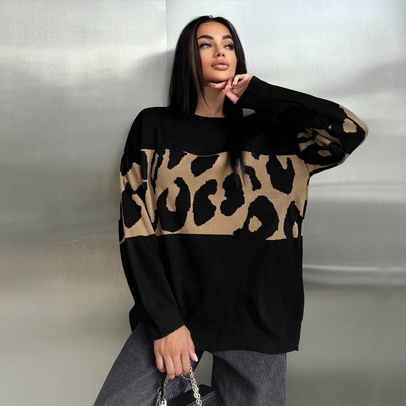 Women's Trendy Leopard Patchwork Crew Neck Sweater