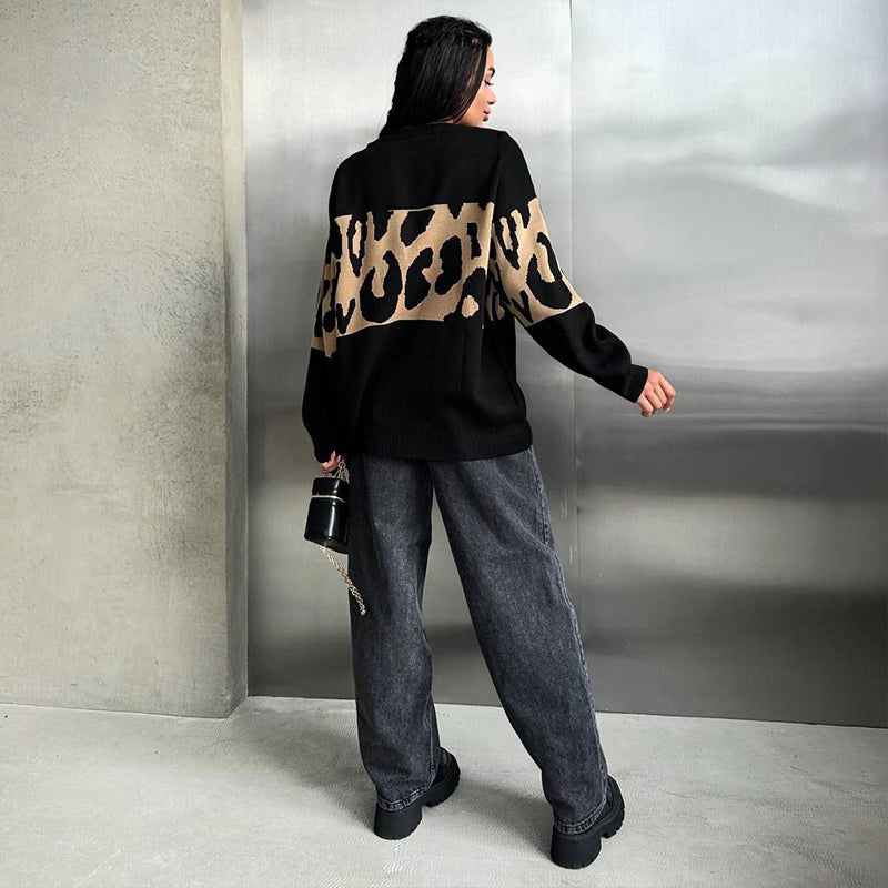 Women's Trendy Leopard Patchwork Crew Neck Sweater
