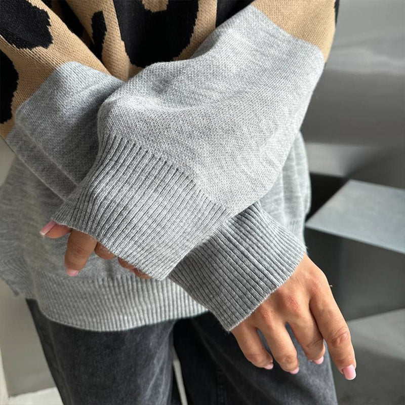 Women's Trendy Leopard Patchwork Crew Neck Sweater
