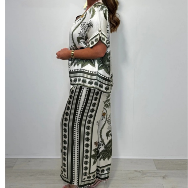 💜 LAST DAY PROMOTION 💜Women's Casual V-Neck Short Sleeve Top Wide Leg Pants Set