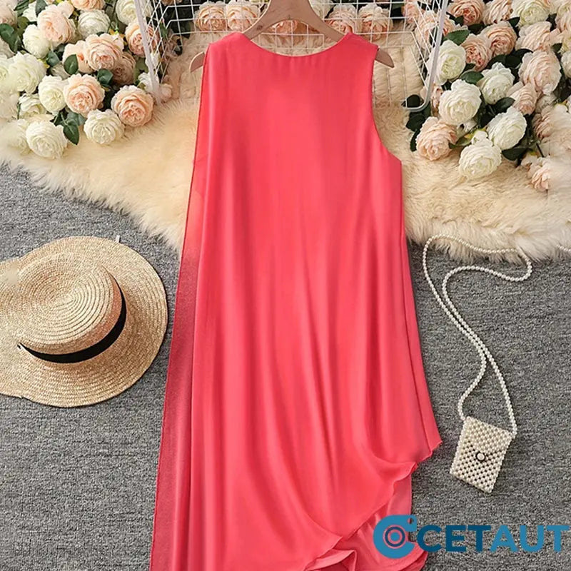 Women's asymmetric sleeveless mesh round neck dress