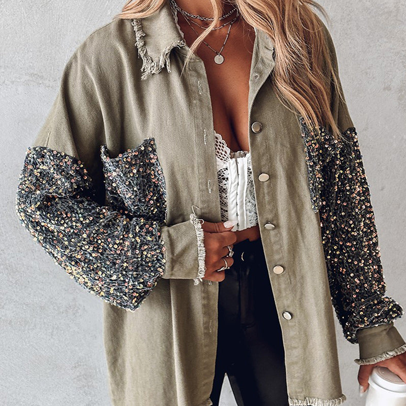 đ„Hot Sale 49% OFFâłWomen's Trendy Sequin Patchwork Coat with Raw Hem