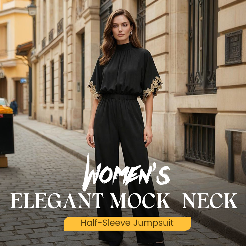 🔥Hot Deals-Women's Elegant Mock-Neck Half-Sleeve Jumpsuit