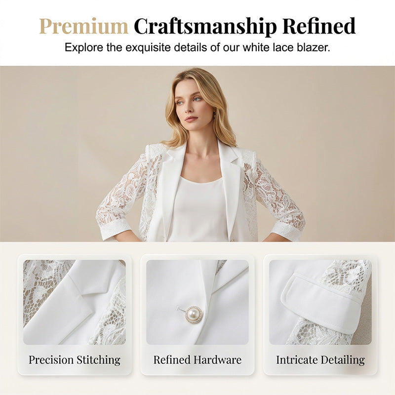 White Lace Blazer – Slim Fit, 3/4 Sleeve, Elegant Transition 👑