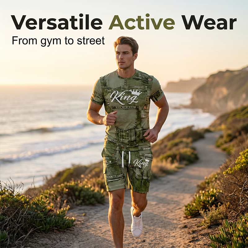 Mens Casual Faux Denim Print T-Shirt and Shorts Set
