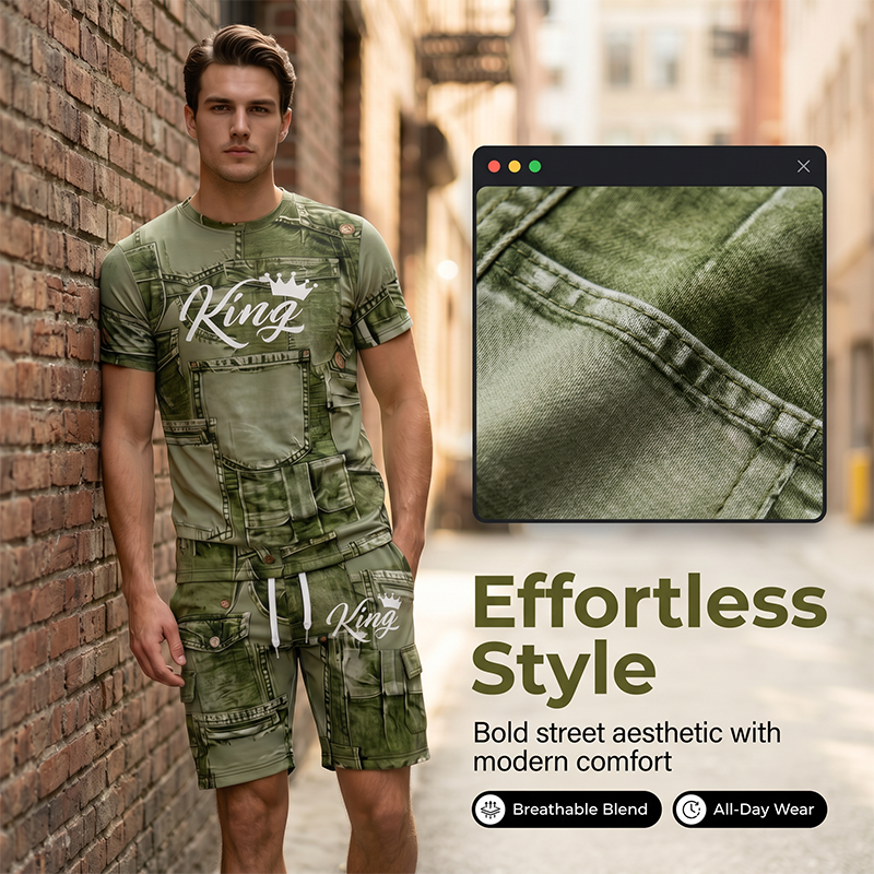 Mens Casual Faux Denim Print T-Shirt and Shorts Set