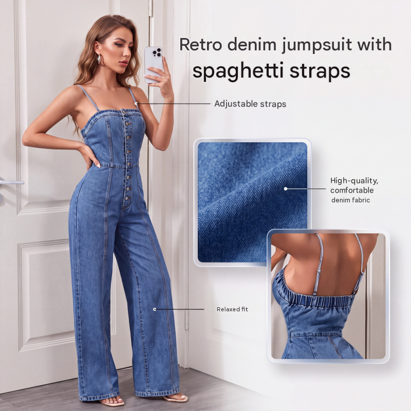 π 50% OFF! β¨ Women's Spaghetti Strap Wide Leg Denim Jumpsuit β Casual Summer Look