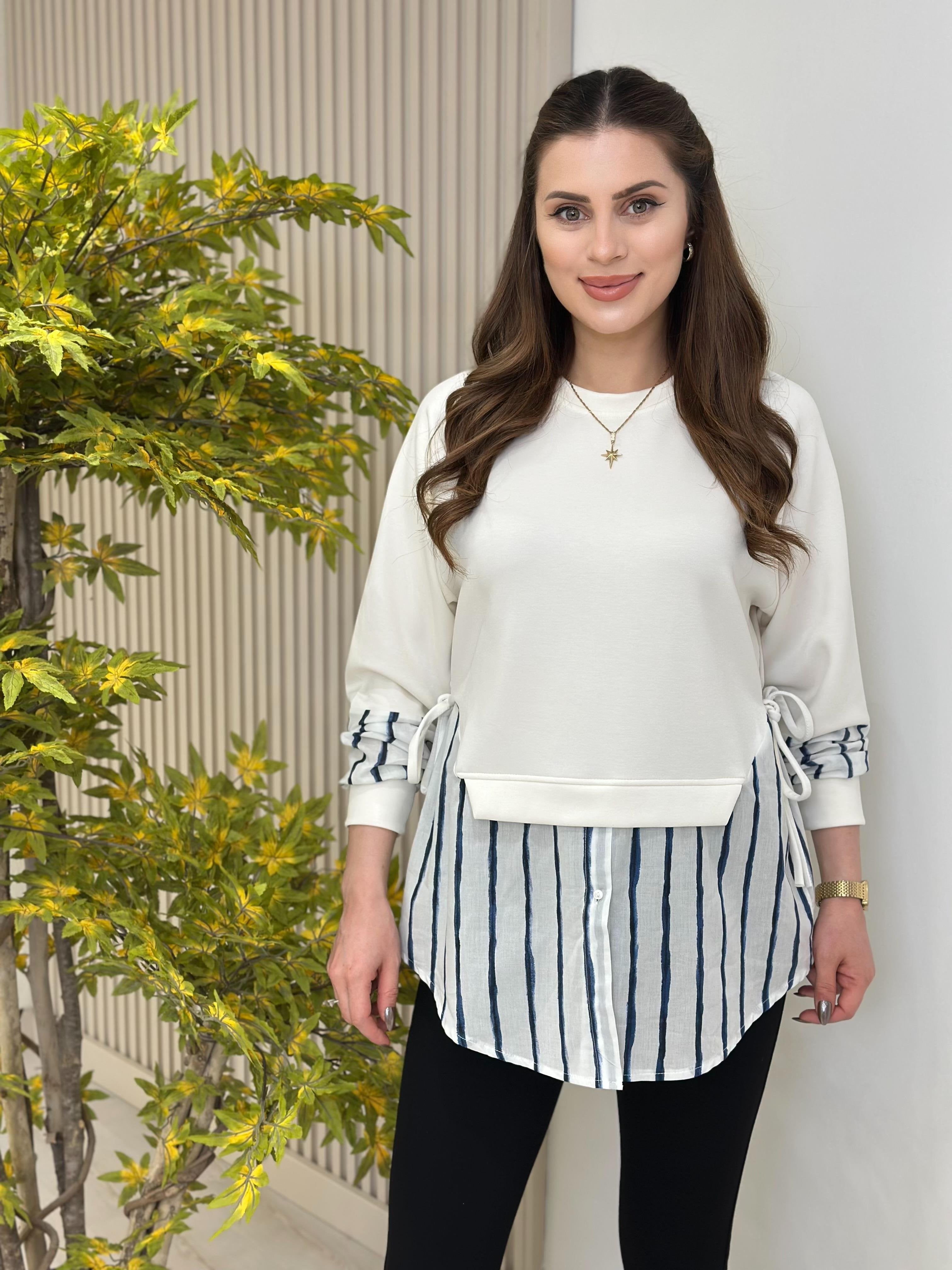 Women’s Layered Sweatshirt Top with Stripe Shirt Hem