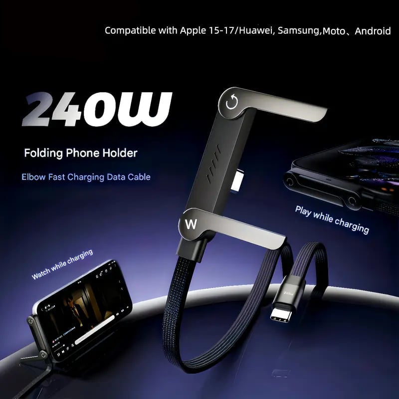 2-in-1 Invisible Holder Charger Cable – 240W Fast Charging Cord with Built-In Phone Stand