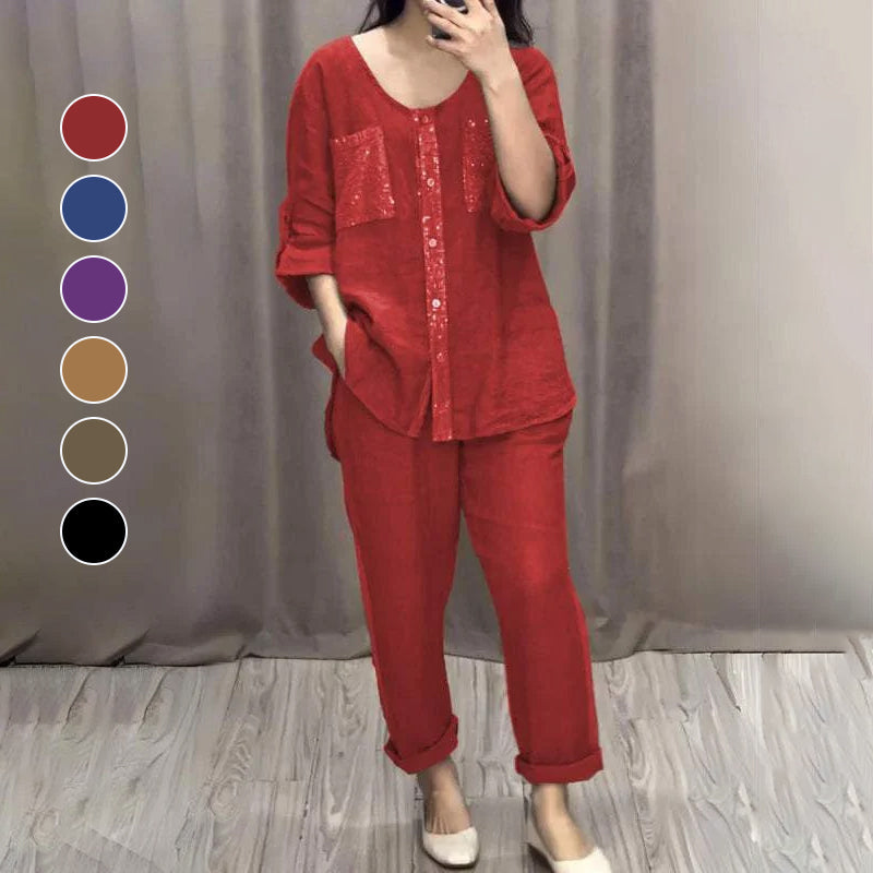 Sequined Round Neck Mid-sleeve Two-piece Suit