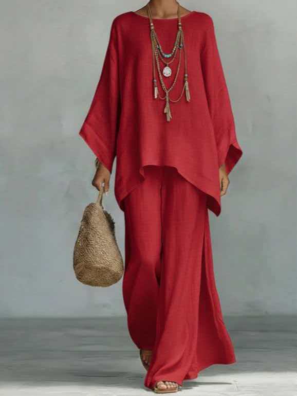 Women's Loose Fit Long Sleeve Top & Wide Leg Pants Set