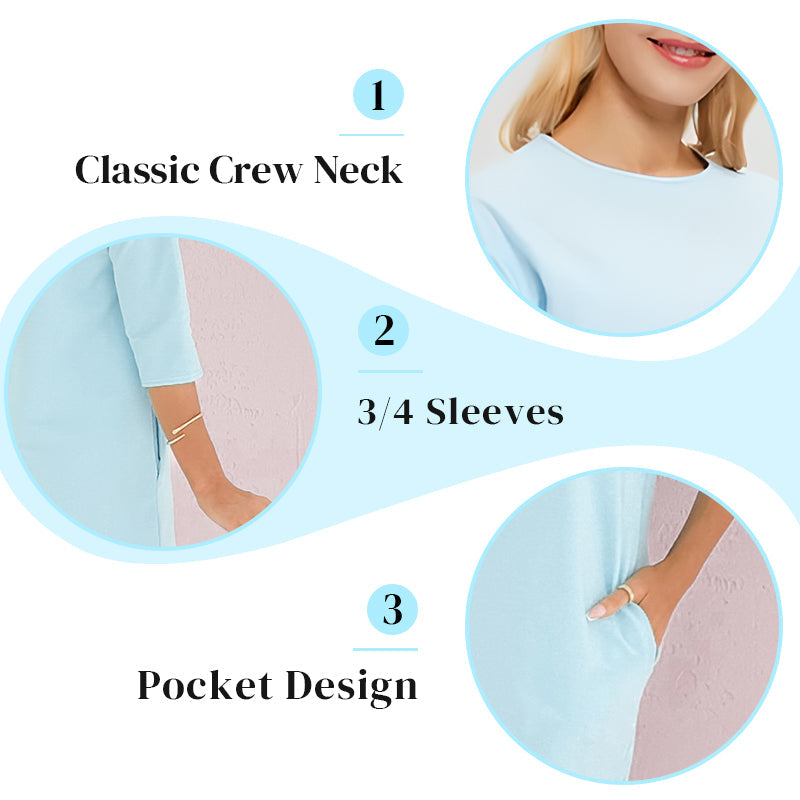 Round Neck 3/4 Sleeve Dress with Pockets