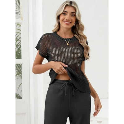 Women Summer Short Sleeve Crochet