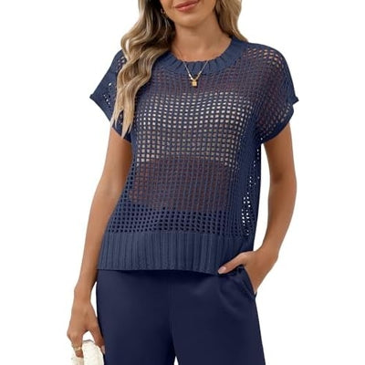Women Summer Short Sleeve Crochet