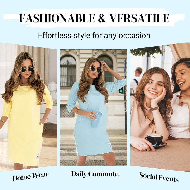 Round Neck 3/4 Sleeve Dress with Pockets