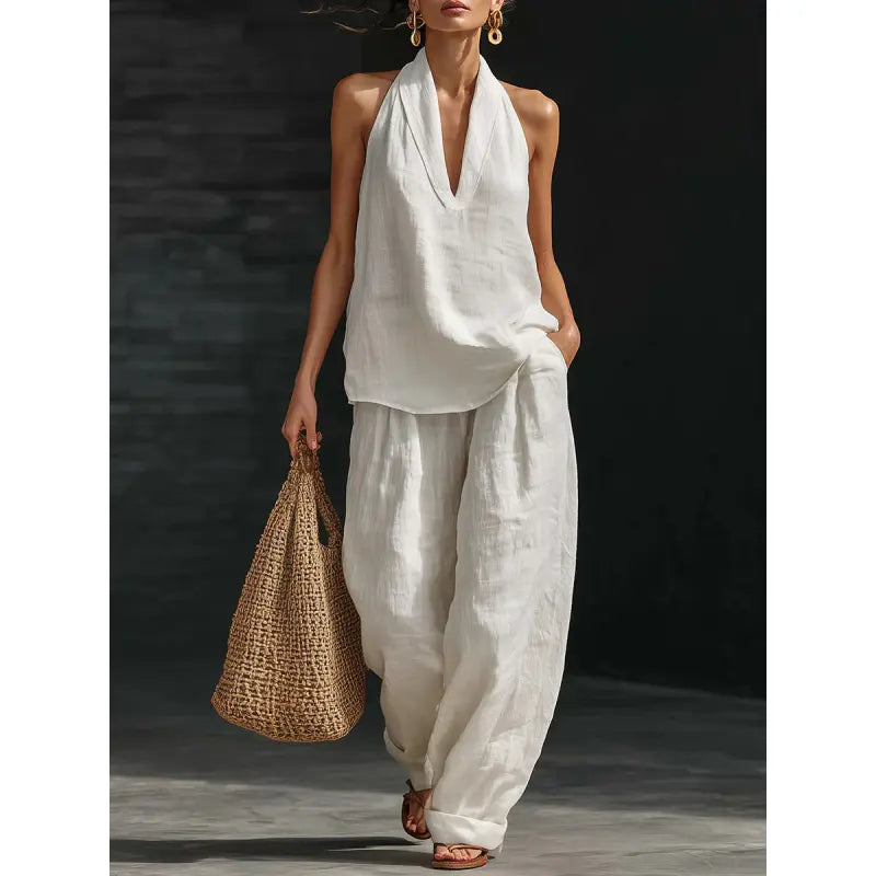 Linen Two Piece Set Neck Top & Wide Leg Pants