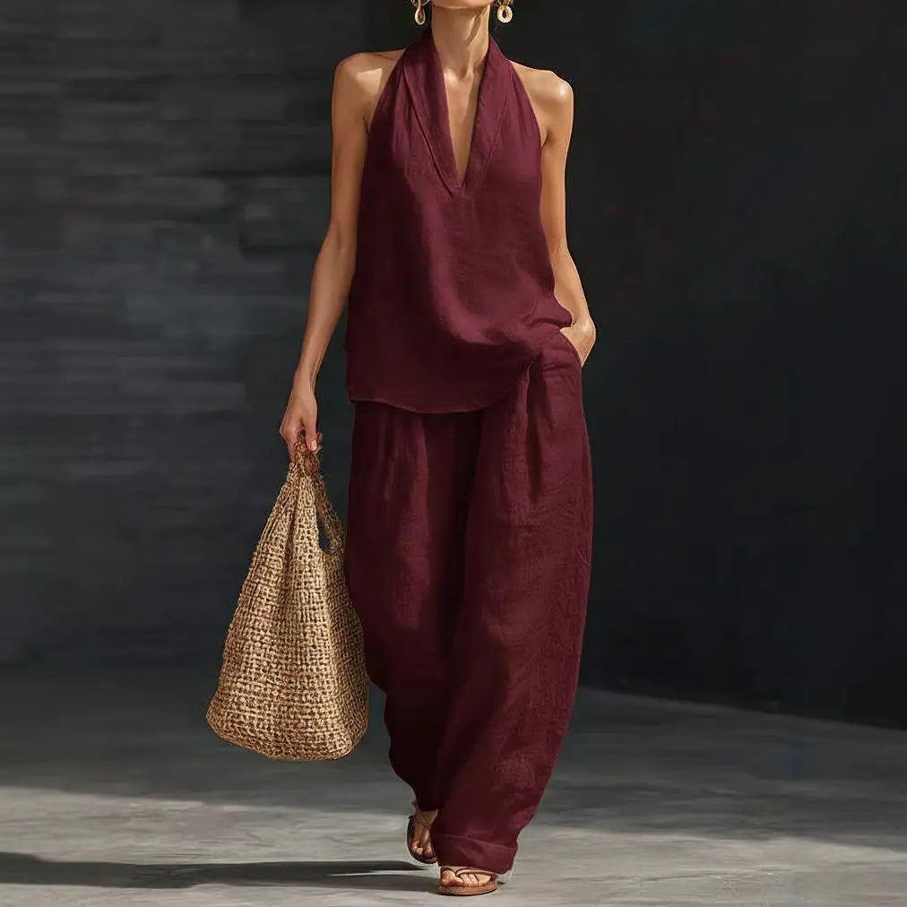 Linen Two Piece Set Neck Top & Wide Leg Pants