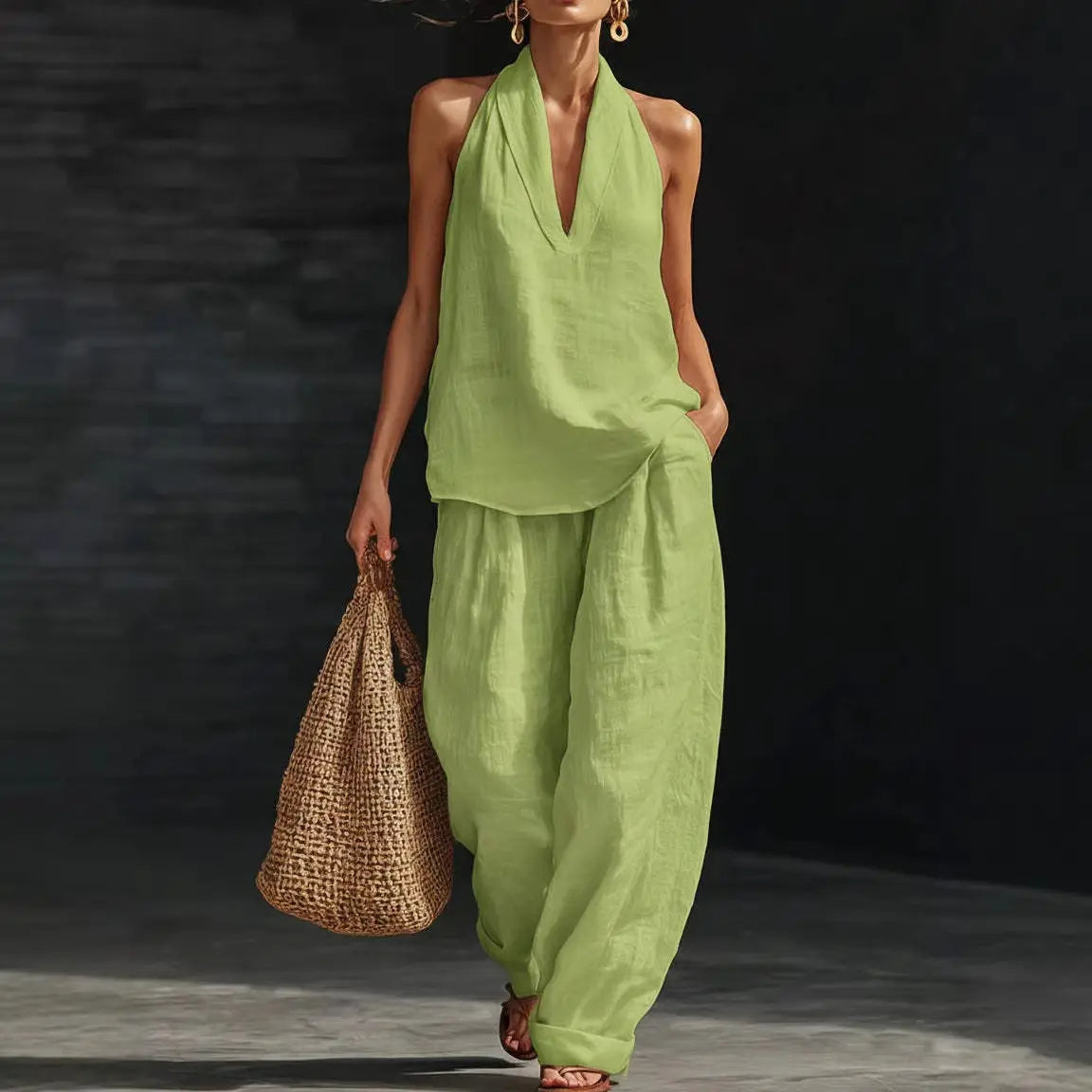 Linen Two Piece Set Neck Top & Wide Leg Pants