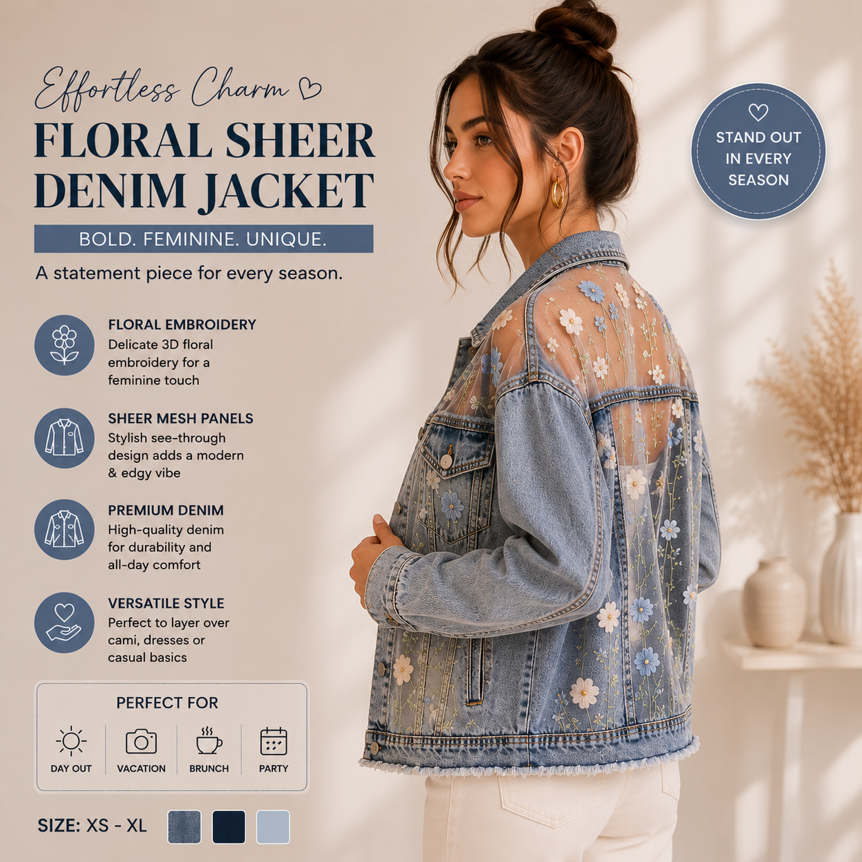 Floral sheer denim jacket