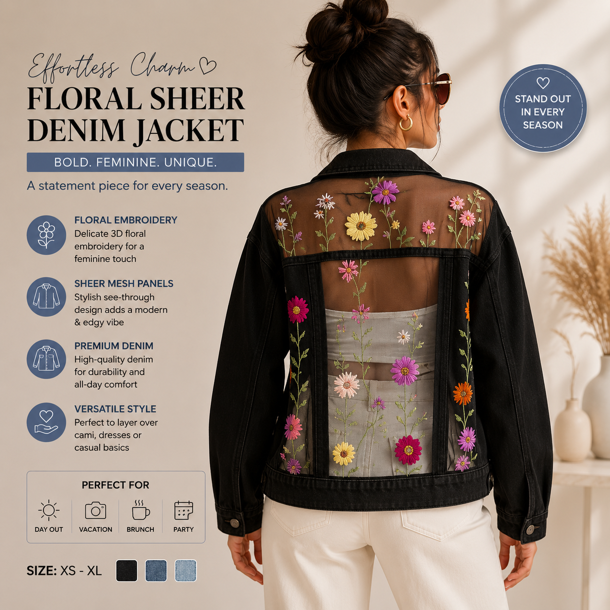 Floral sheer denim jacket