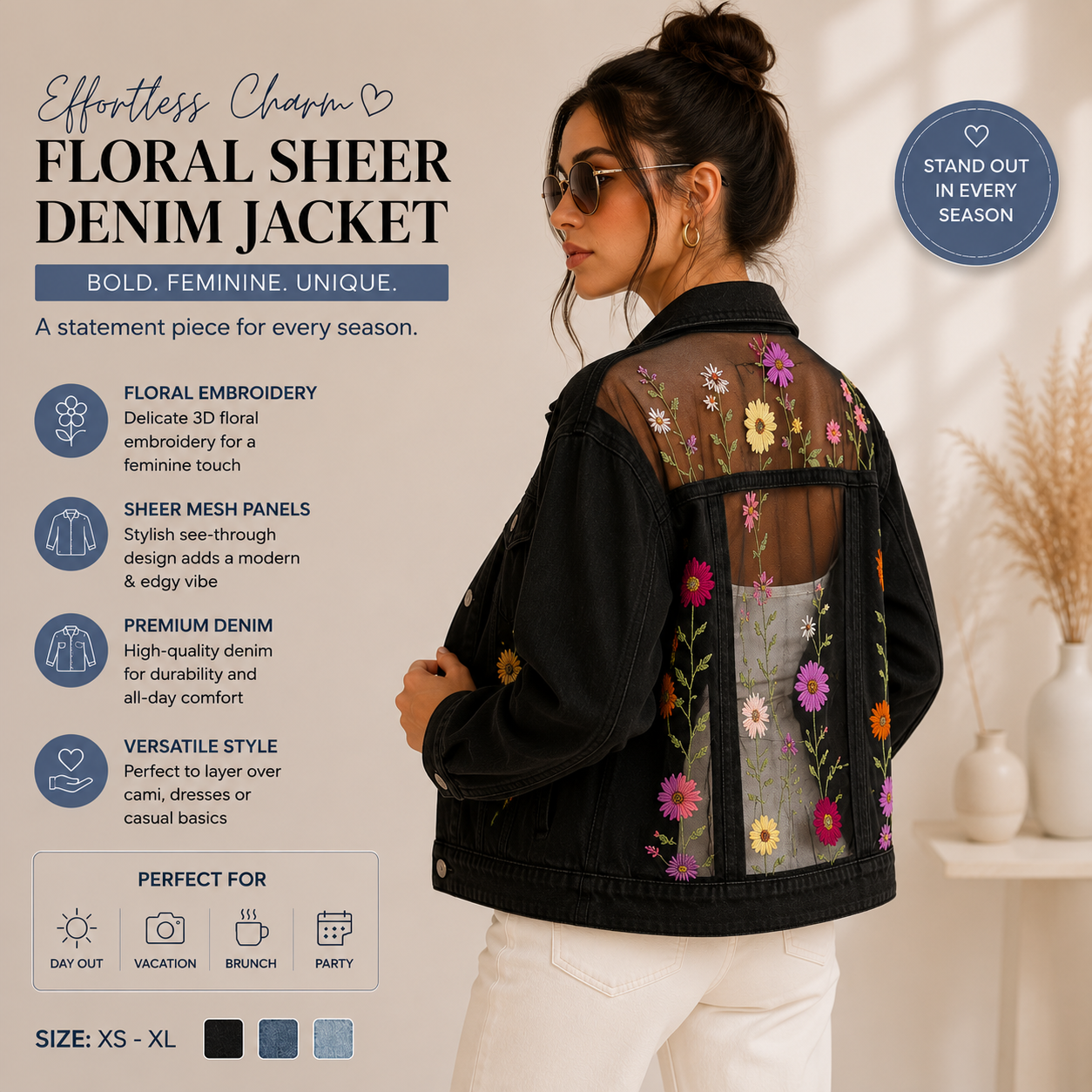 Floral sheer denim jacket