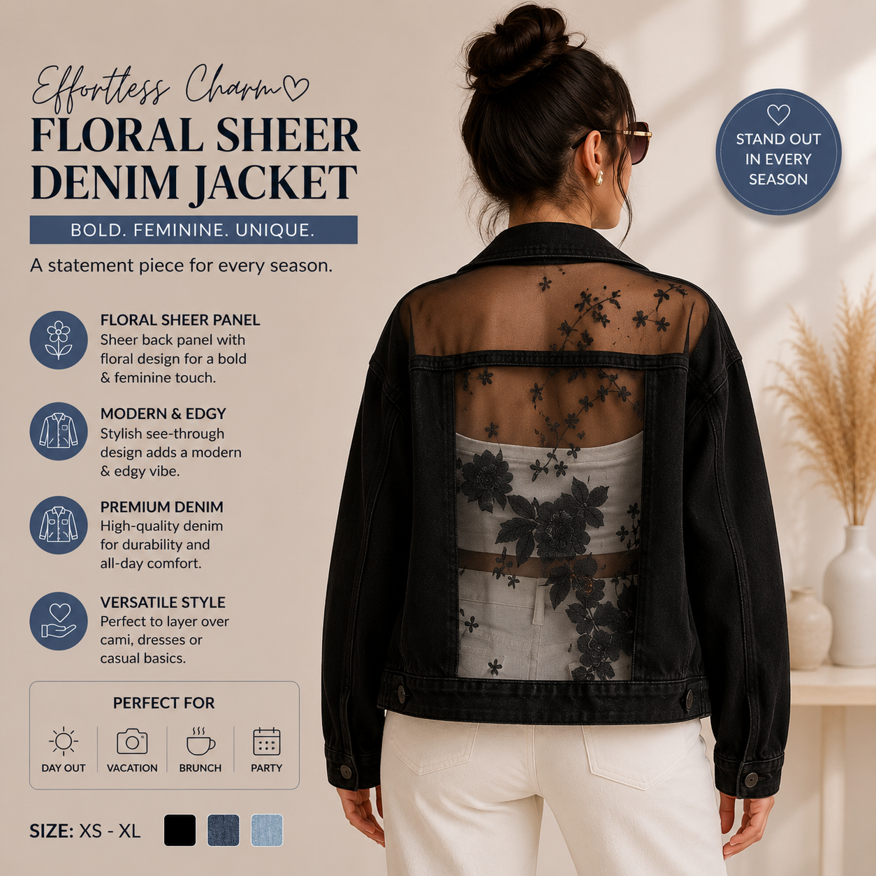 Floral sheer denim jacket