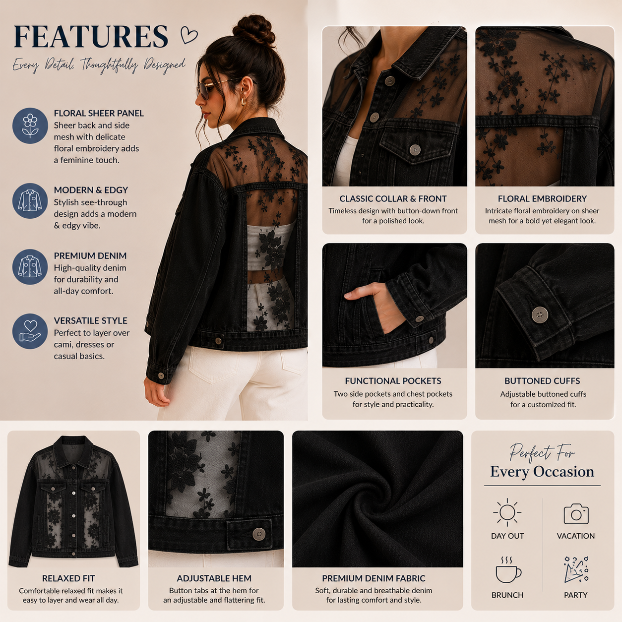 Floral sheer denim jacket