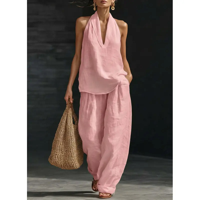 Linen Two Piece Set Neck Top & Wide Leg Pants