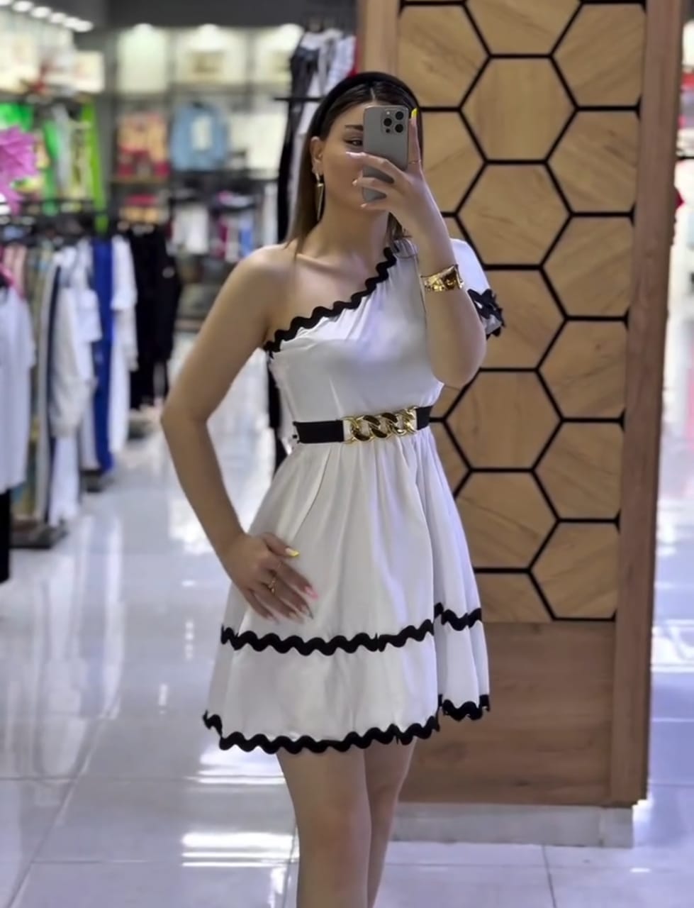 One-Shoulder Scallop-Trim Mini Dress with Gold Chain Belt